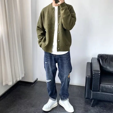 European Size Mens Solid Color Knitted Cardigan Coat Autumn Winter Long Sleeved O-neck Warm Sweater Casual Loose Knitwear Jacket